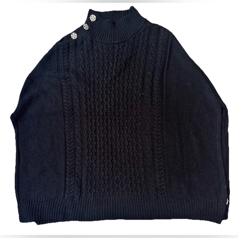 Ann Taylor Black Knit Sweater-Cape S/M Rhinestones Turtleneck Classic Elegant